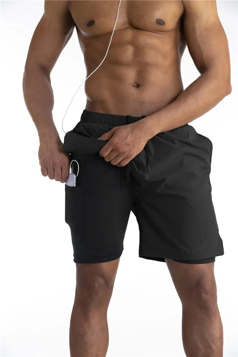 Men's running shorts with built-in liner and phone pocket, breathable athletic fit