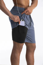 Men's running shorts with built-in liner and phone pocket, breathable athletic fit