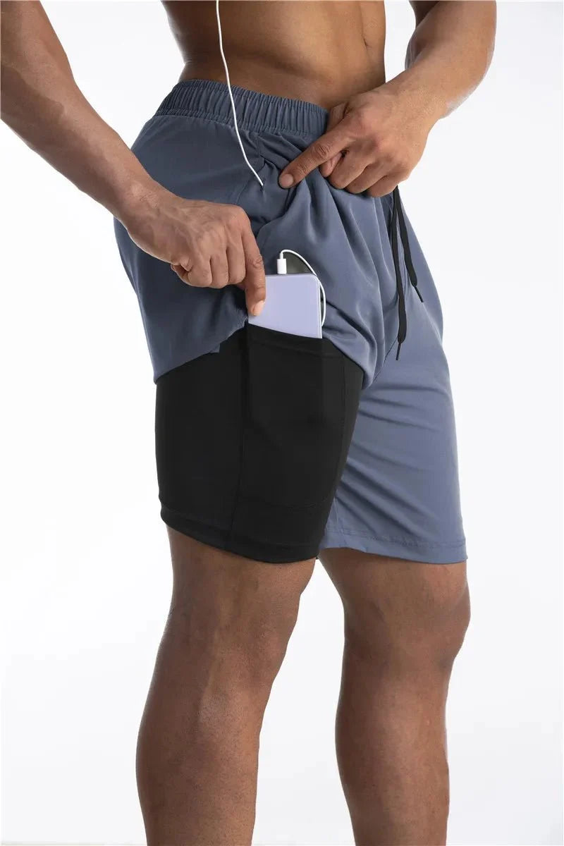 Men's running shorts with built-in liner and phone pocket, breathable athletic fit