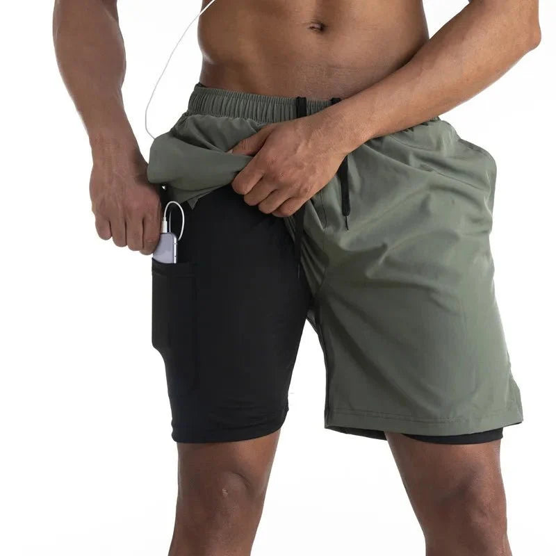 Men's running shorts with built-in liner and phone pocket, breathable athletic fit
