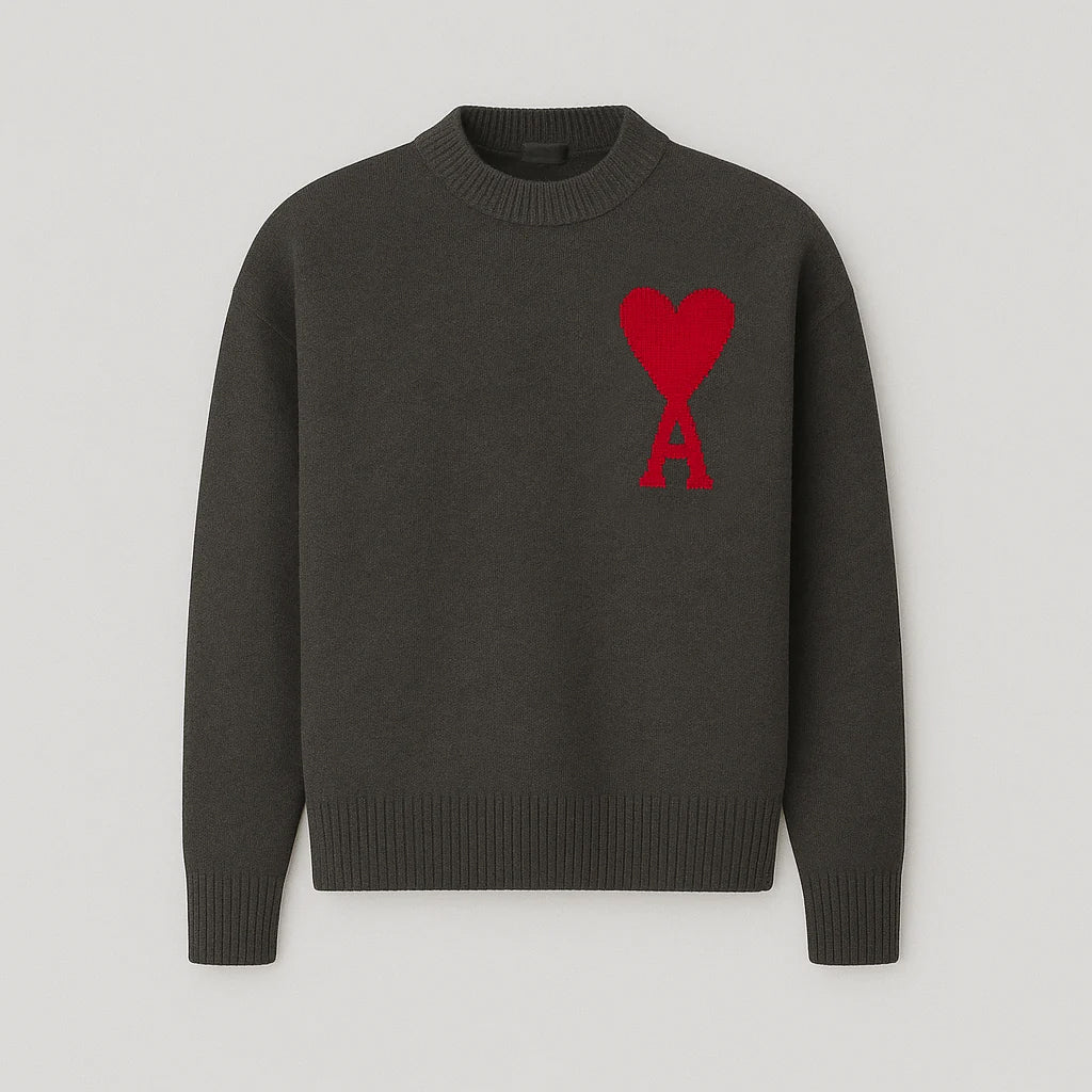 Women's oversized sweater with heart ace print and round neckline, all-season casual pullover