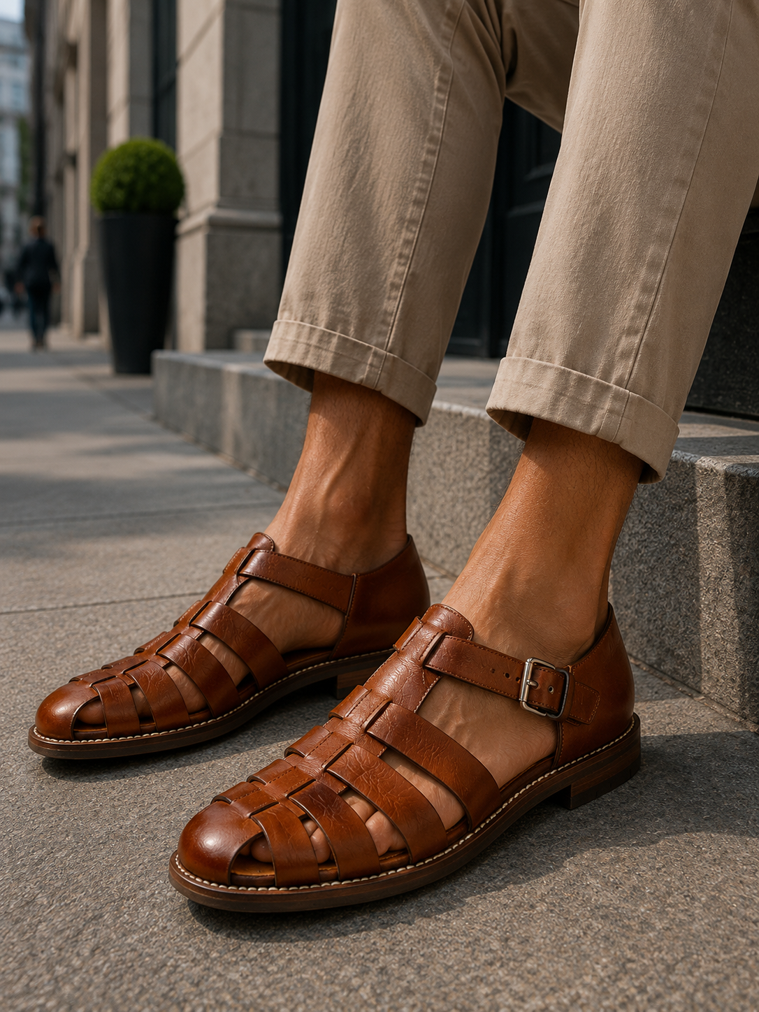 Mens Sandals Closed Toe Fisherman Woven Leather Buckle Strap