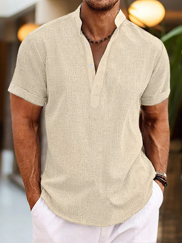 Men's linen shirt with Henley collar and short sleeves, breathable summer fit