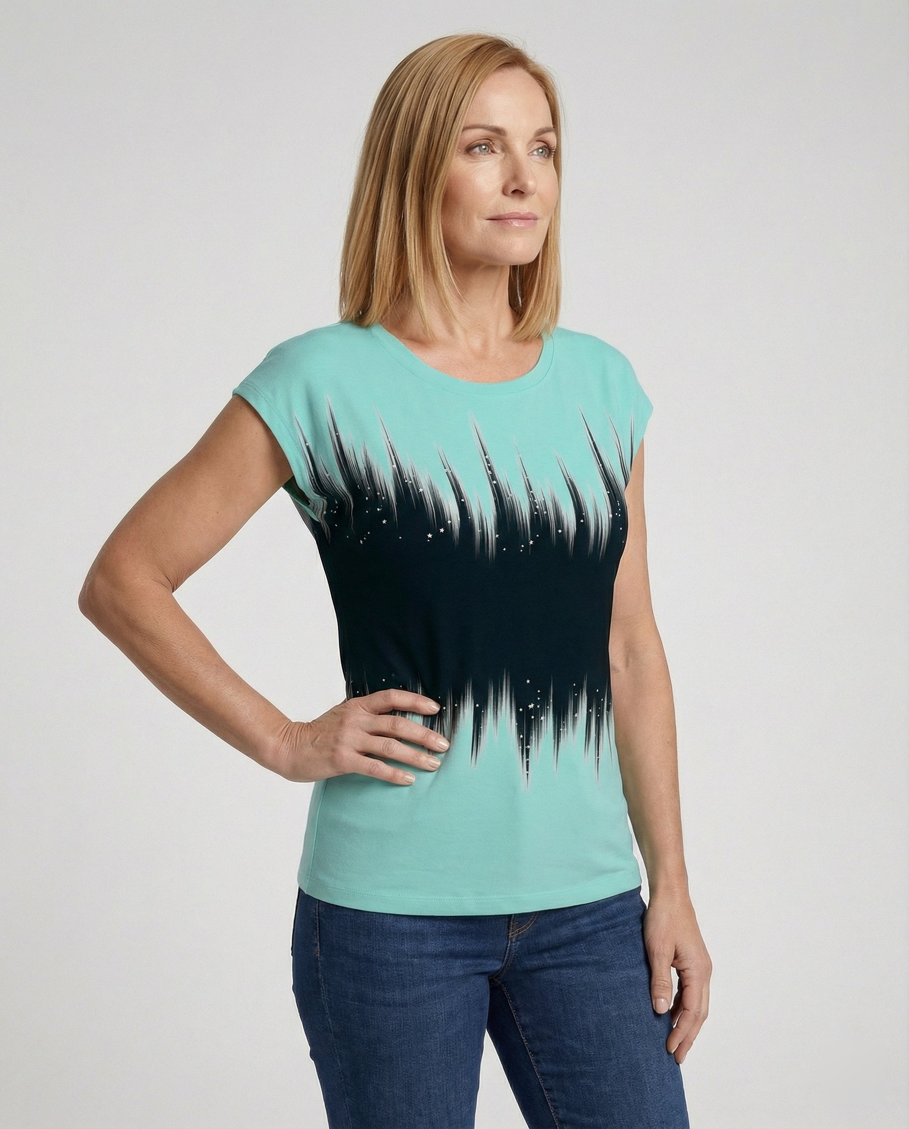 Women's summer blouse with watercolor floral print, asymmetric hem and relaxed loose fit