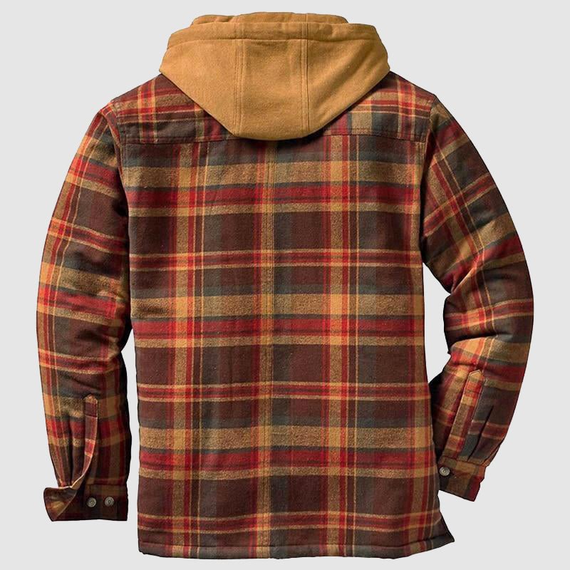 Men plaid hooded jacket with quilted lining and full-length zipper