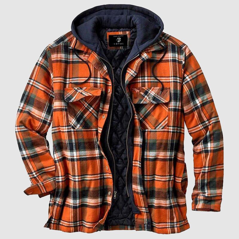 Men plaid hooded jacket with quilted lining and full-length zipper