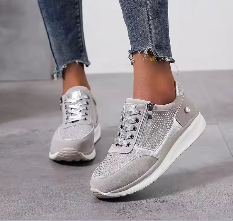 Women Wedge Sneakers Suede Platform Metallic Leather Accent Detail