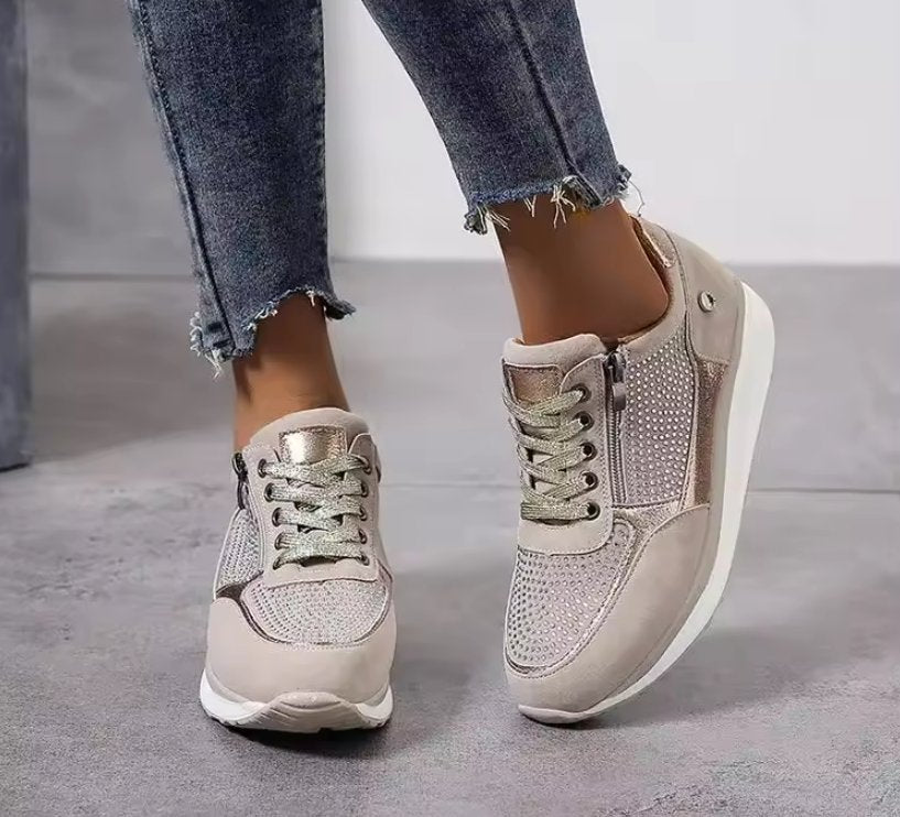 Women Wedge Sneakers Suede Platform Metallic Leather Accent Detail