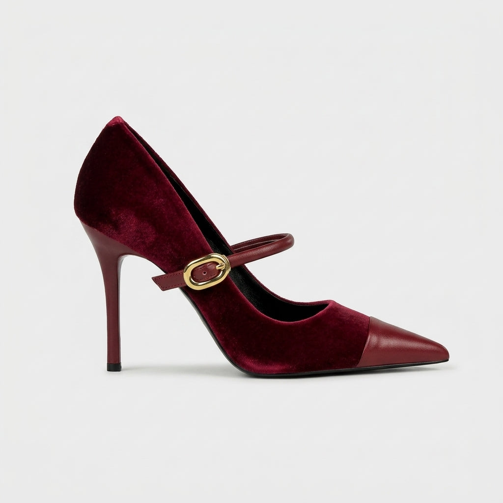 Velvet Heels | Women's Leather Mary Jane Pointed Toe Stiletto Pumps