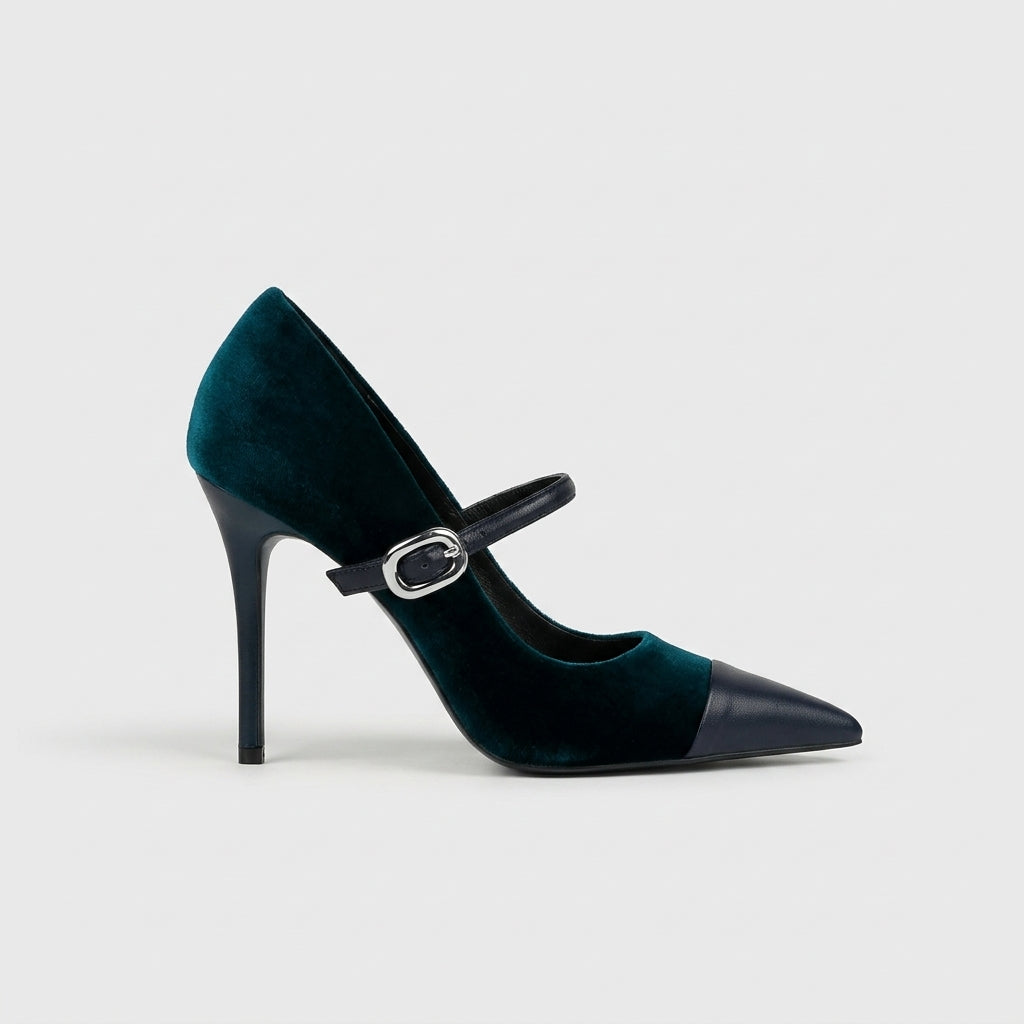 Velvet Heels | Women's Leather Mary Jane Pointed Toe Stiletto Pumps