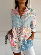 Women abstract print split neck blouse long sleeve button front in multiple colors
