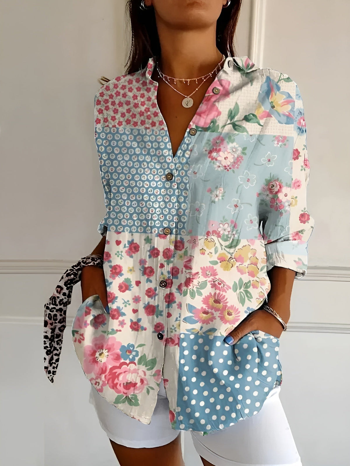 Women abstract print split neck blouse long sleeve button front in multiple colors
