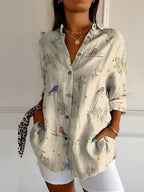 Women abstract print split neck blouse long sleeve button front in multiple colors