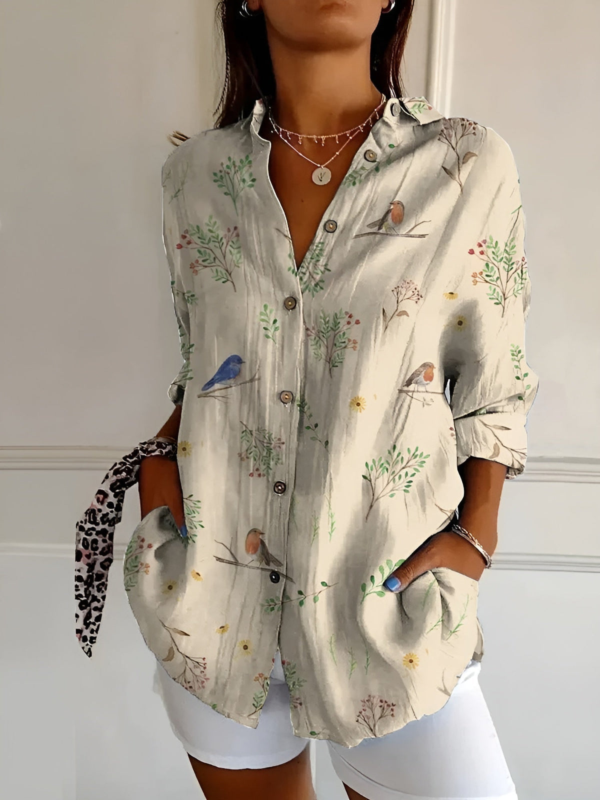 Women abstract print split neck blouse long sleeve button front in multiple colors
