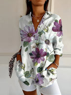 Women abstract print split neck blouse long sleeve button front in multiple colors