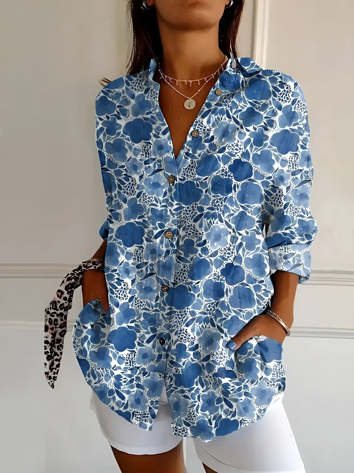 Women abstract print split neck blouse long sleeve button front in multiple colors