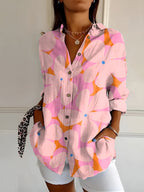 Women abstract print split neck blouse long sleeve button front in multiple colors