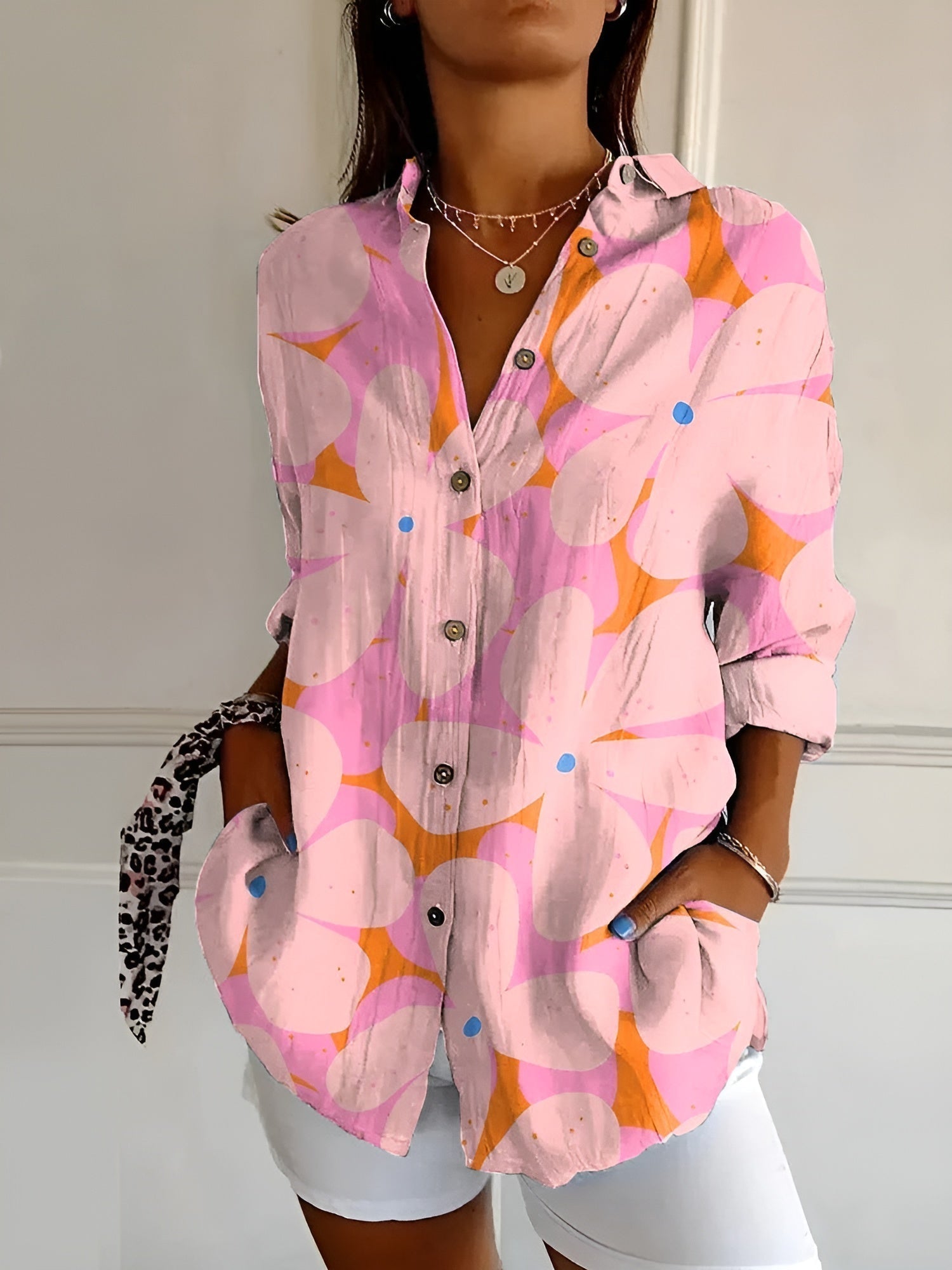 Women abstract print split neck blouse long sleeve button front in multiple colors