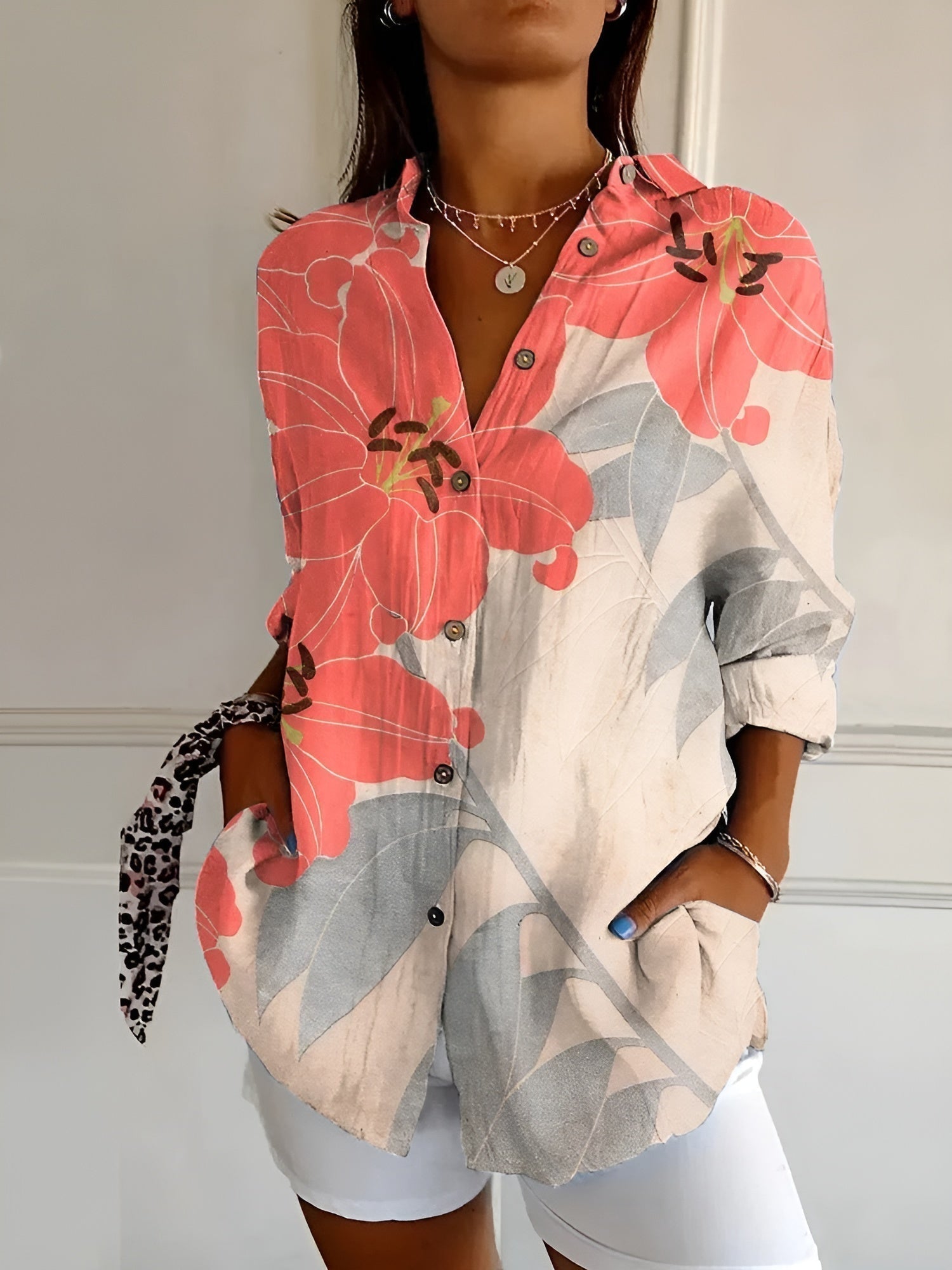 Women abstract print split neck blouse long sleeve button front in multiple colors