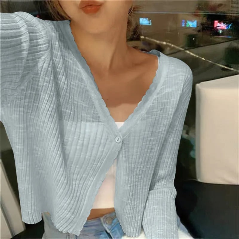 Women cropped button cardigan relaxed fit V neckline long sleeve lightweight