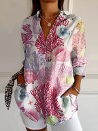 Women abstract print split neck blouse long sleeve button front in multiple colors