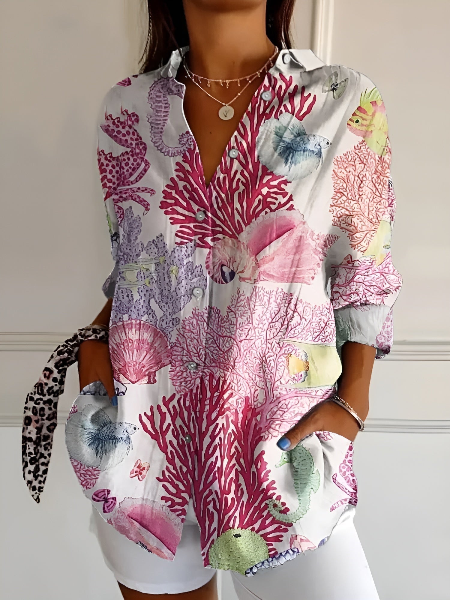 Women abstract print split neck blouse long sleeve button front in multiple colors