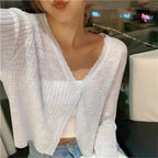 Women cropped button cardigan relaxed fit V neckline long sleeve lightweight