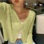 Women cropped button cardigan relaxed fit V neckline long sleeve lightweight
