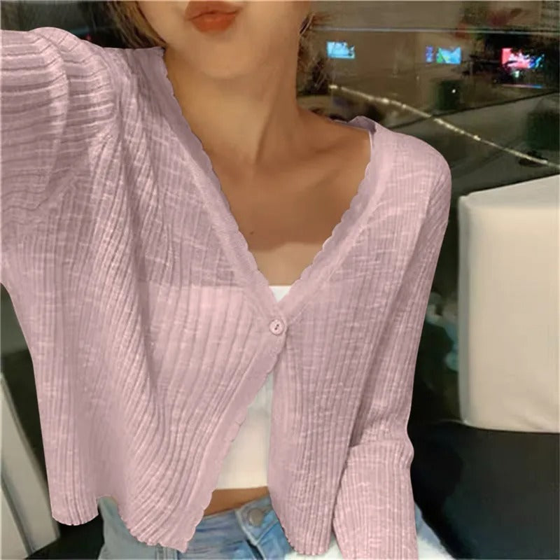 Women cropped button cardigan relaxed fit V neckline long sleeve lightweight