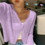 Women cropped button cardigan relaxed fit V neckline long sleeve lightweight