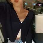 Women cropped button cardigan relaxed fit V neckline long sleeve lightweight