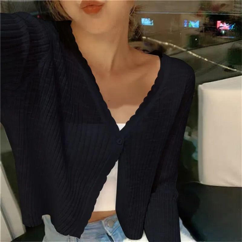 Women cropped button cardigan relaxed fit V neckline long sleeve lightweight