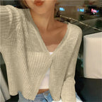 Women cropped button cardigan relaxed fit V neckline long sleeve lightweight