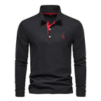 Men cotton long sleeve polo shirt with classic collar and button placket