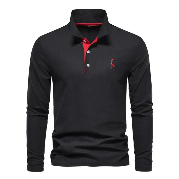 Men cotton long sleeve polo shirt with classic collar and button placket