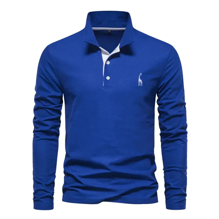 Men cotton long sleeve polo shirt with classic collar and button placket