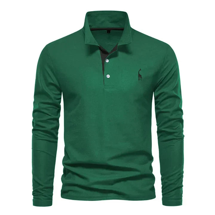 Men cotton long sleeve polo shirt with classic collar and button placket