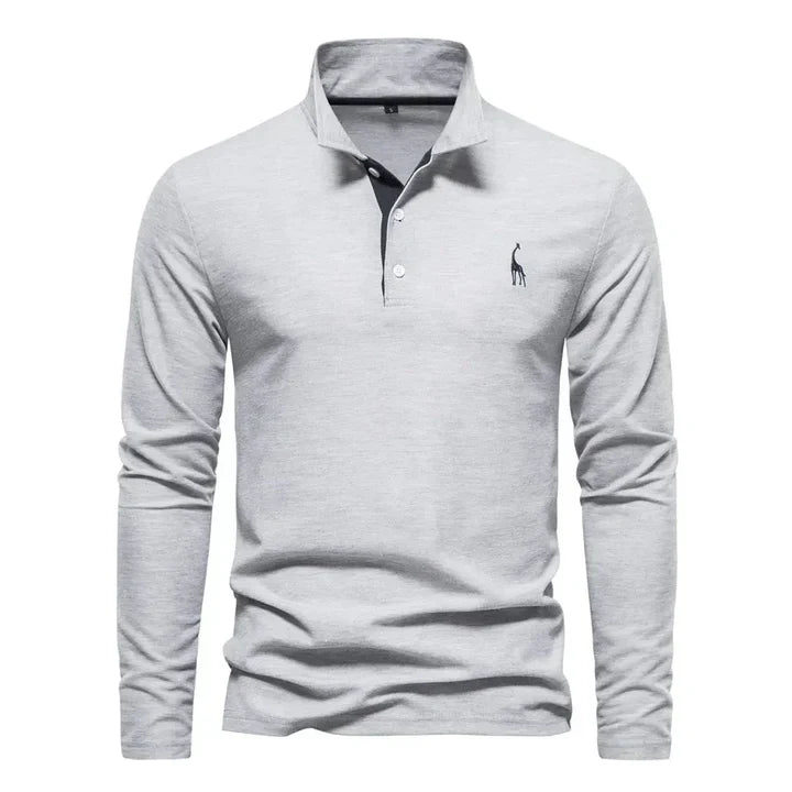 Men cotton long sleeve polo shirt with classic collar and button placket