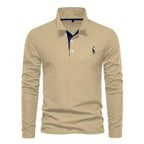 Men cotton long sleeve polo shirt with classic collar and button placket