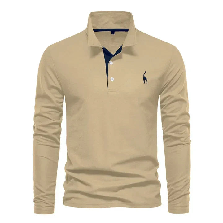 Men cotton long sleeve polo shirt with classic collar and button placket