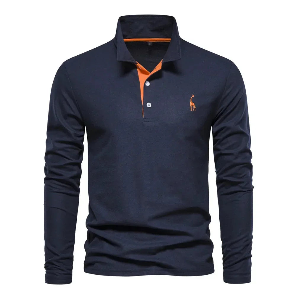 Men cotton long sleeve polo shirt regular fit with classic collar
