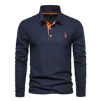 Men cotton long sleeve polo shirt with classic collar and button placket