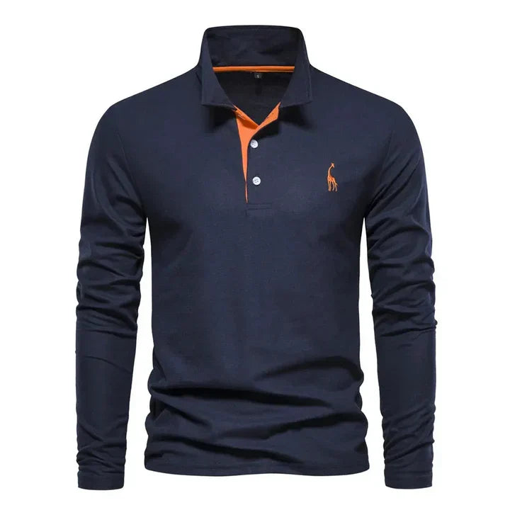Men cotton long sleeve polo shirt with classic collar and button placket