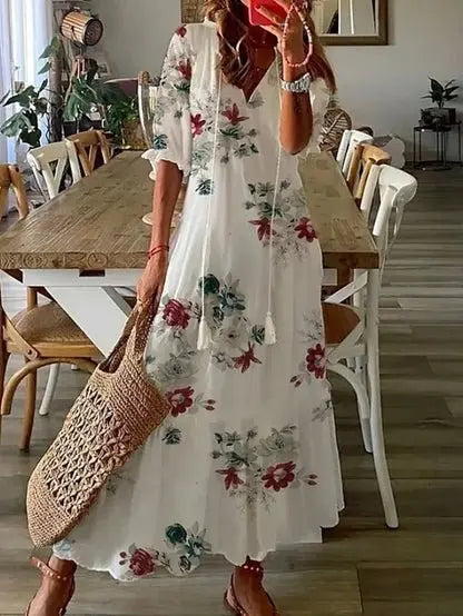 Women's boho dress with V-neckline and lantern sleeves, flowy A-line silhouette