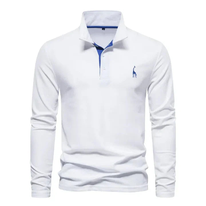 Men cotton long sleeve polo shirt with classic collar and button placket