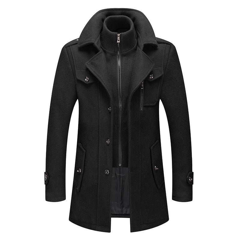 Men's wool coat with removable stand collar in grey, winter outerwear
