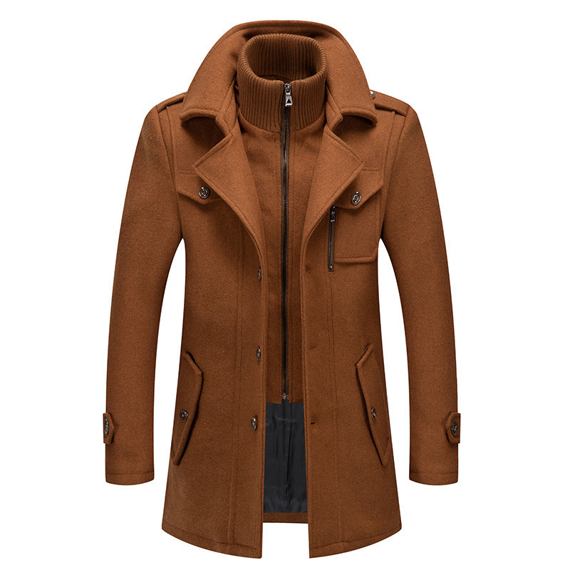Men's wool coat with removable stand collar in grey, winter outerwear