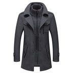 Men's wool coat with removable stand collar in grey, winter outerwear