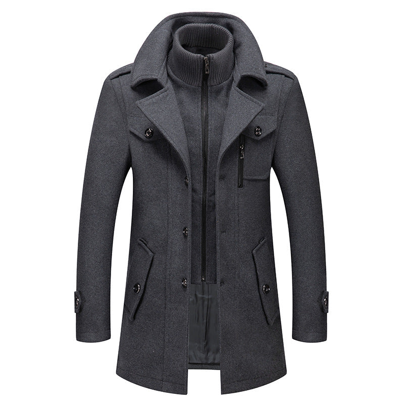 Men's wool coat with removable stand collar in grey, winter outerwear