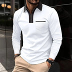 Men cotton blend long sleeve shirt with contrast collar and half zip closure